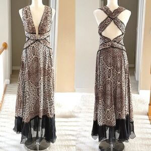 Mandalay Grey‎ Leopard Print Silk V-Neck Maxi Evening Gown Dress 6
